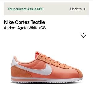 Nike Cortez Textile Apricot and white sneakers, size 5.5Y, women’s 7. Brand new.